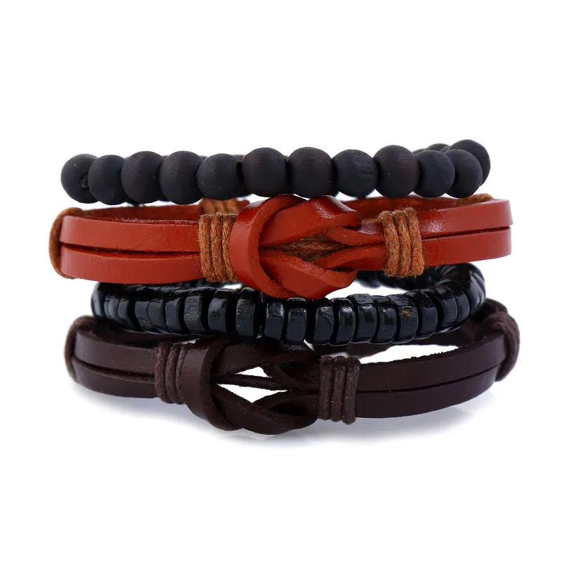 Brown Leather Multilayer Wooden Beads Charm Bracelets Set Adjustable Mens Punk Handmade Braided Rope Bangle Jewelry