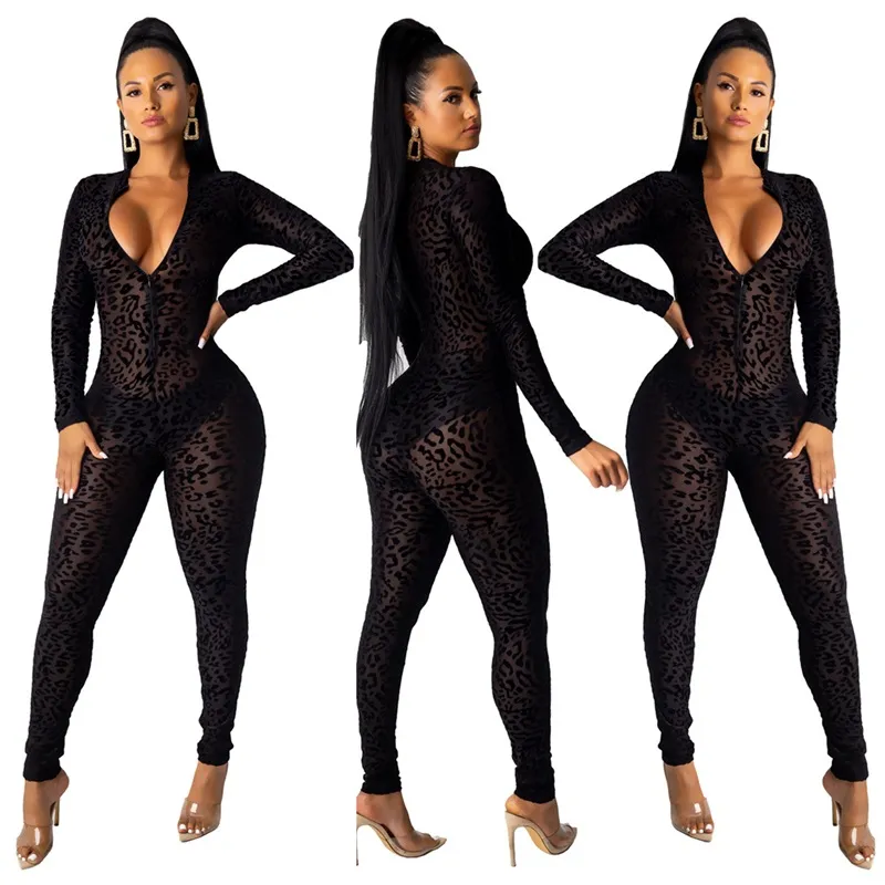 Animal Instinct Mesh Bodystocking Leopard Sexy Rok See Through Velor Lange mouw Rompertjes Womens Jumpsuit Midnight Clubwear 011912