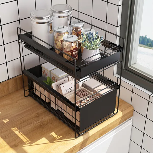 Storage Holders & Racks Stackable Cabinet OrganizerSliding Basket 2-Tier Under Sink Storage Drawer Pull Out Shelf for Kitchen Bathroom Office Black