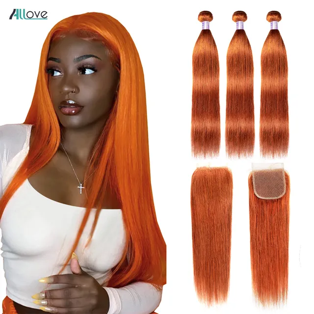 Allove New Body Wave Straight Brazilian Hair Weave Wefts Human Hair Bundles Orange Ginger Color 350 Virgin Extensions for Black Women