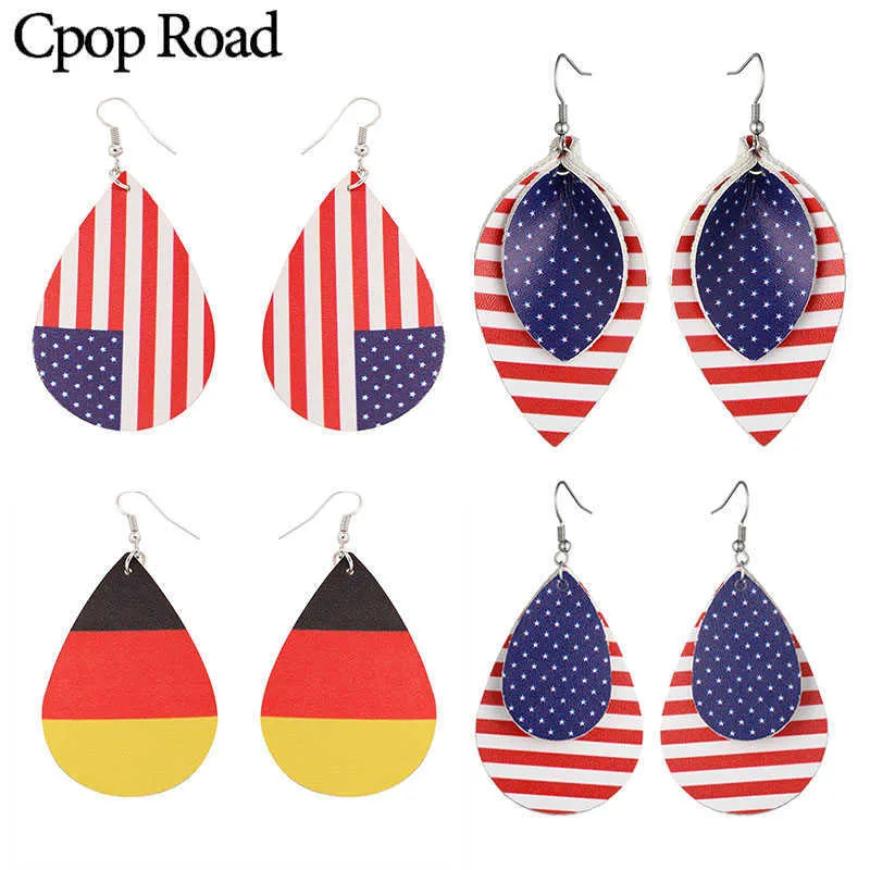 Cpop Neue Deutsch Amerikanische Flagge Pu-leder Ohrringe Doppelschichten Blatt Wassertropfen Ohrringe Modeschmuck Frauen Zubehör Geschenk Q0709