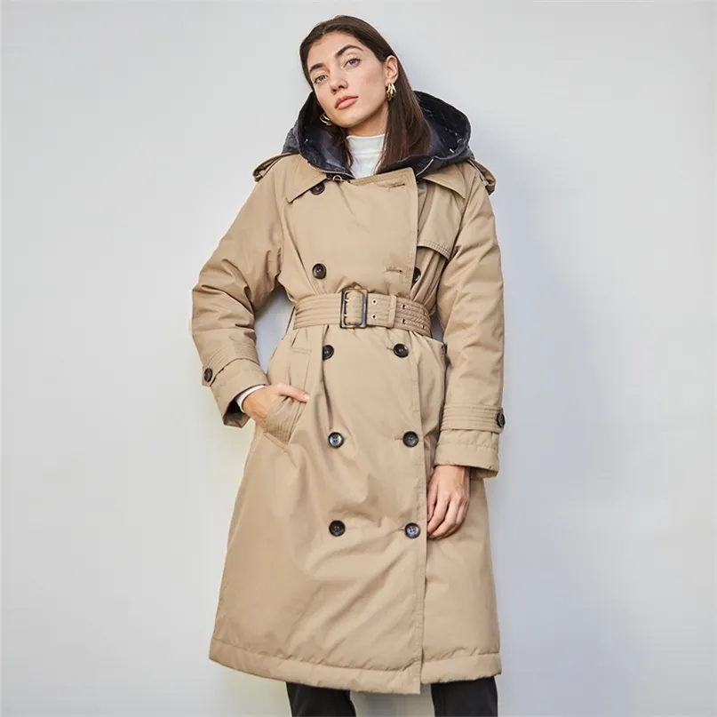 イギリスのダウントレンチコート冬ホワイトアヒルジャケットの女性フード付き長い厚い暖かいジャケットフワの羽の羽のパーカーMujer 210923