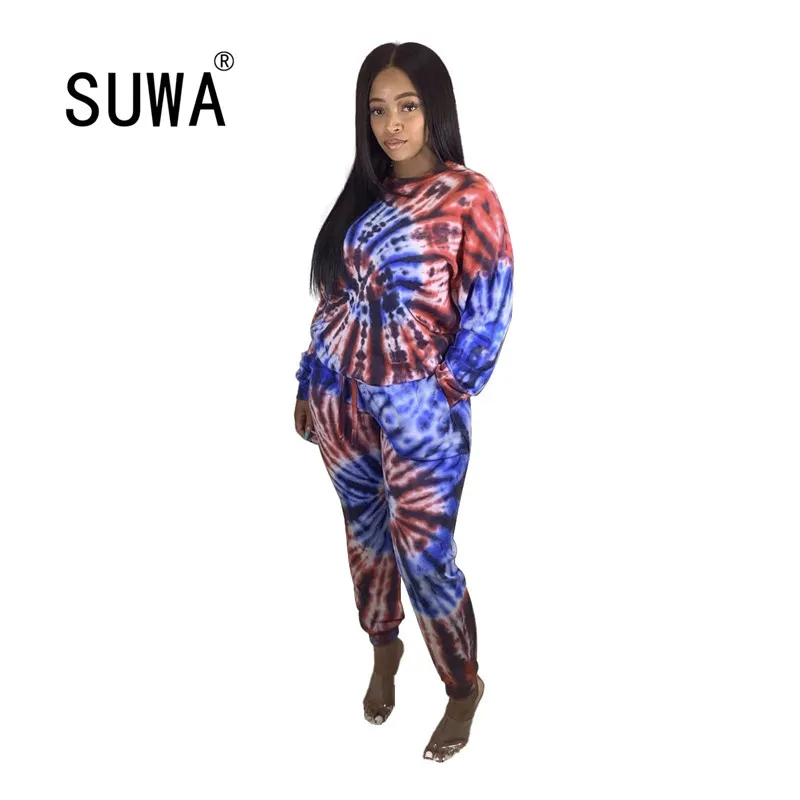 Sportif Femmes Tie Dye Imprimer Sweats Stacked Joggers Pantalon Costume Active Wear Survêtement Deux Pièces Assorties Ensemble Fitness Tenues 210525