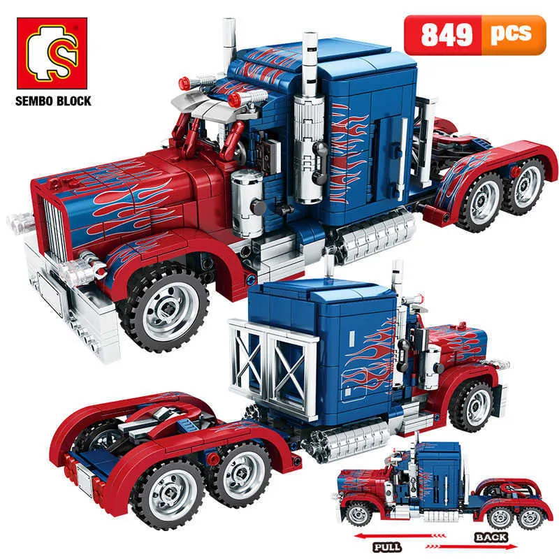 Sembo 849 stks City Classic Pull Back Car Building Blocks Technische Peterbilt Heavy Container Truck Bricks Speelgoed voor Jongens Q0624