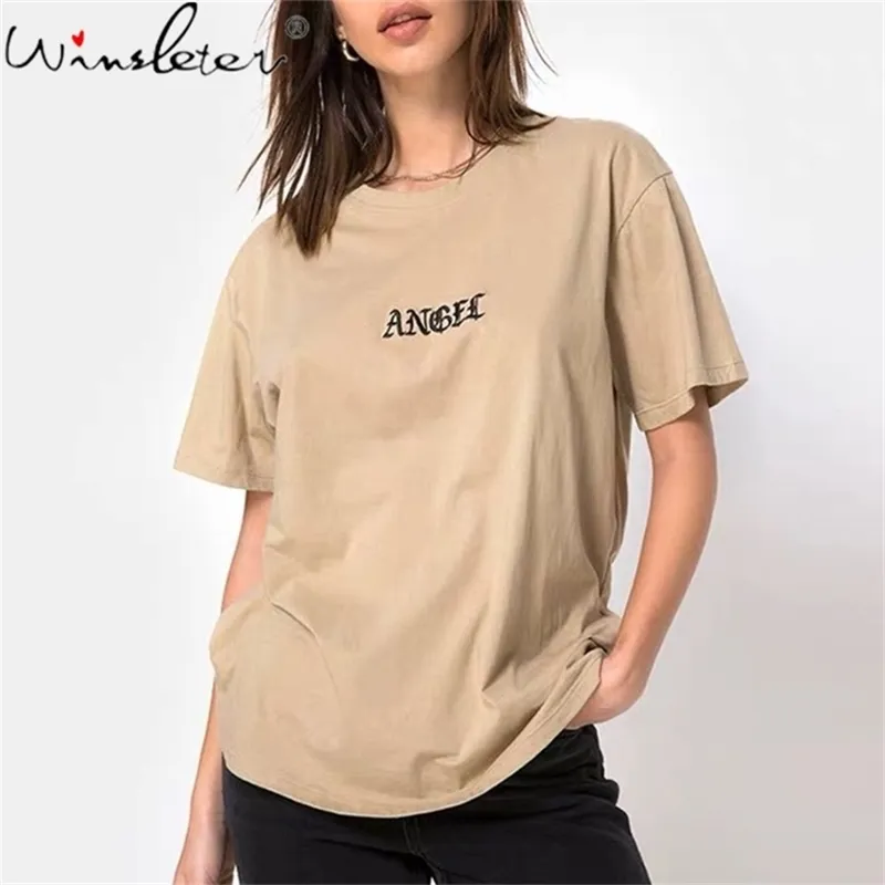 Bomull Tees Kvinnor T-shirt Angel Print Letter T-shirt Casual Short Sleeve Toppar Sommarkläder 14 färger T07502B 210421