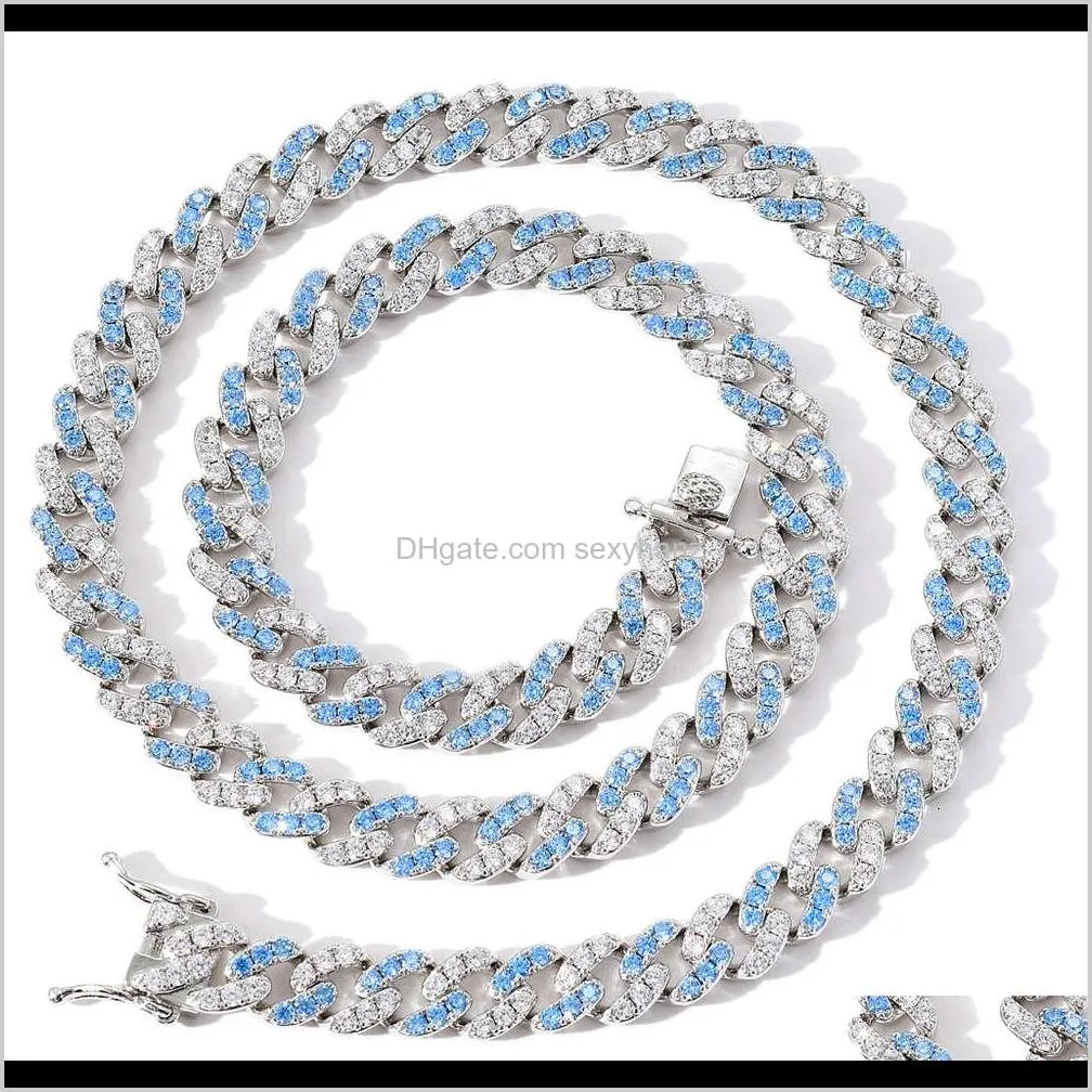 necklace 9mm single row blue white zircon hip hop cuba chain men`s and women`s hiphop accessories