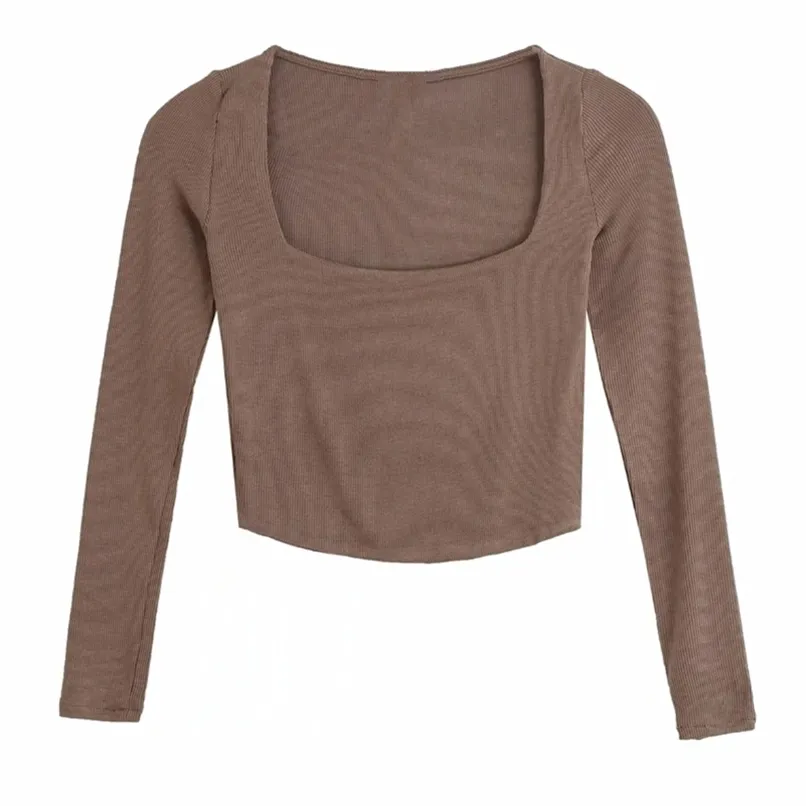 Autumn Women Square Collar Knitting Short T Shirt Casual Femme O Neck Long Sleeve Crop Tops T1380 220307