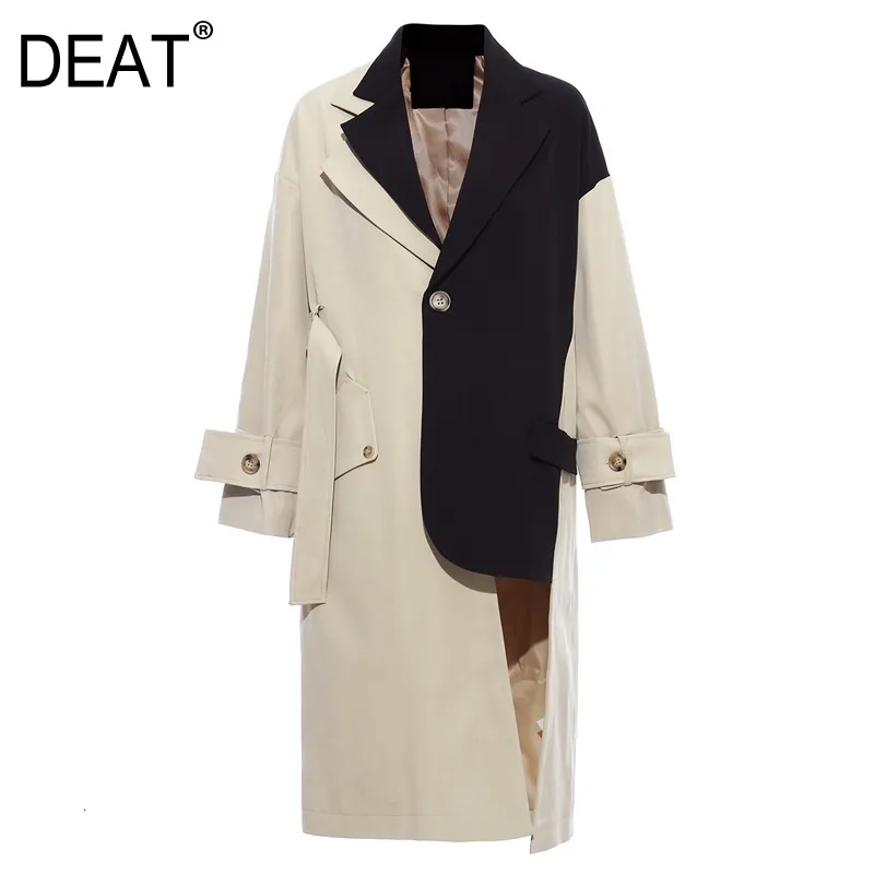 DEAT spring and autumn turn-down collar full sleeves contrast colors patchwork high quality trench coat 19G-a68- 210428
