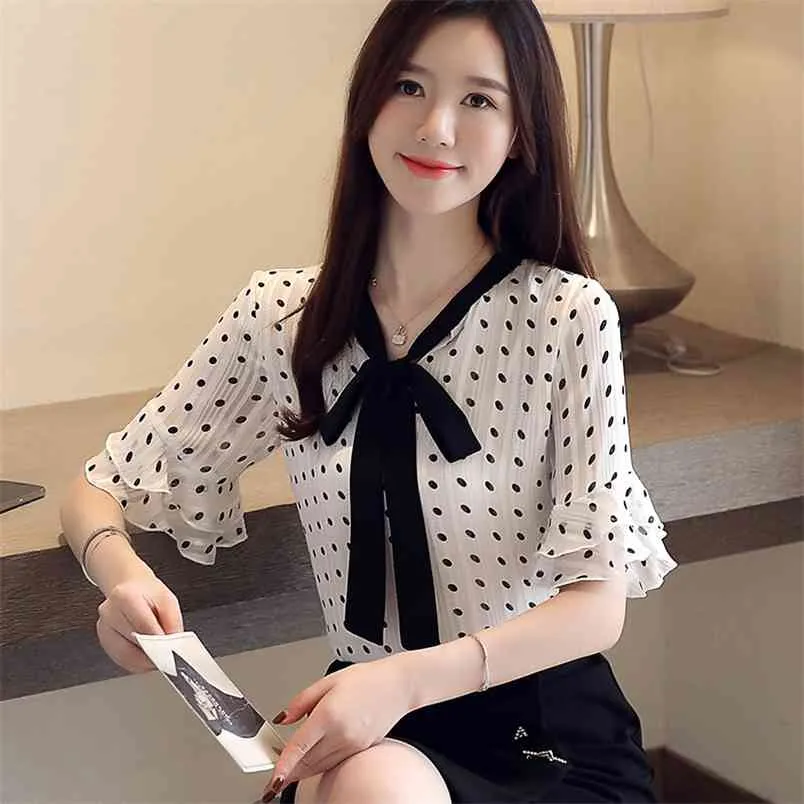 Summer Fashion Chiffon Dots Star Casual Shodia Shirt Shodia Show Bow Signore Manica corta Top The 210507