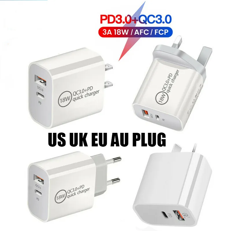 18W 20W 3A PD Type-C QC3.0 USB быстрая зарядное устройство Телефон US UK EU AU AU Plug Adapter Настенные зарядные устройства для iPhone 12 Pro Samsung OnePlus HTC Xiaomi AFC FCP