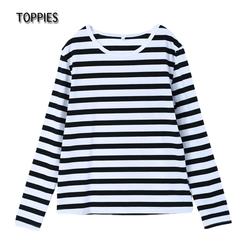 Toppies 스트라이프 티셔츠 캐주얼 대형 라운드 넥 빈티지 기본 탑 티 긴 소매 화이트 블랙 220208