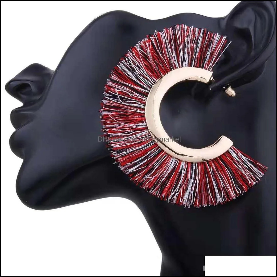 Semicircular fringes charm earrings tassel alloy ear drop Bohemia fan ear jewelry six colors red black white orange dark navy blue