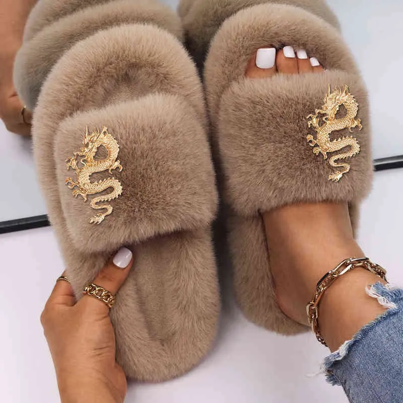 Fur Slippers Women Designer Furry Slides Ladies Flip Flops Golden Dragon Faux Fur Sandals House Slippers Luxury Brand Shoes 2022 Y220221