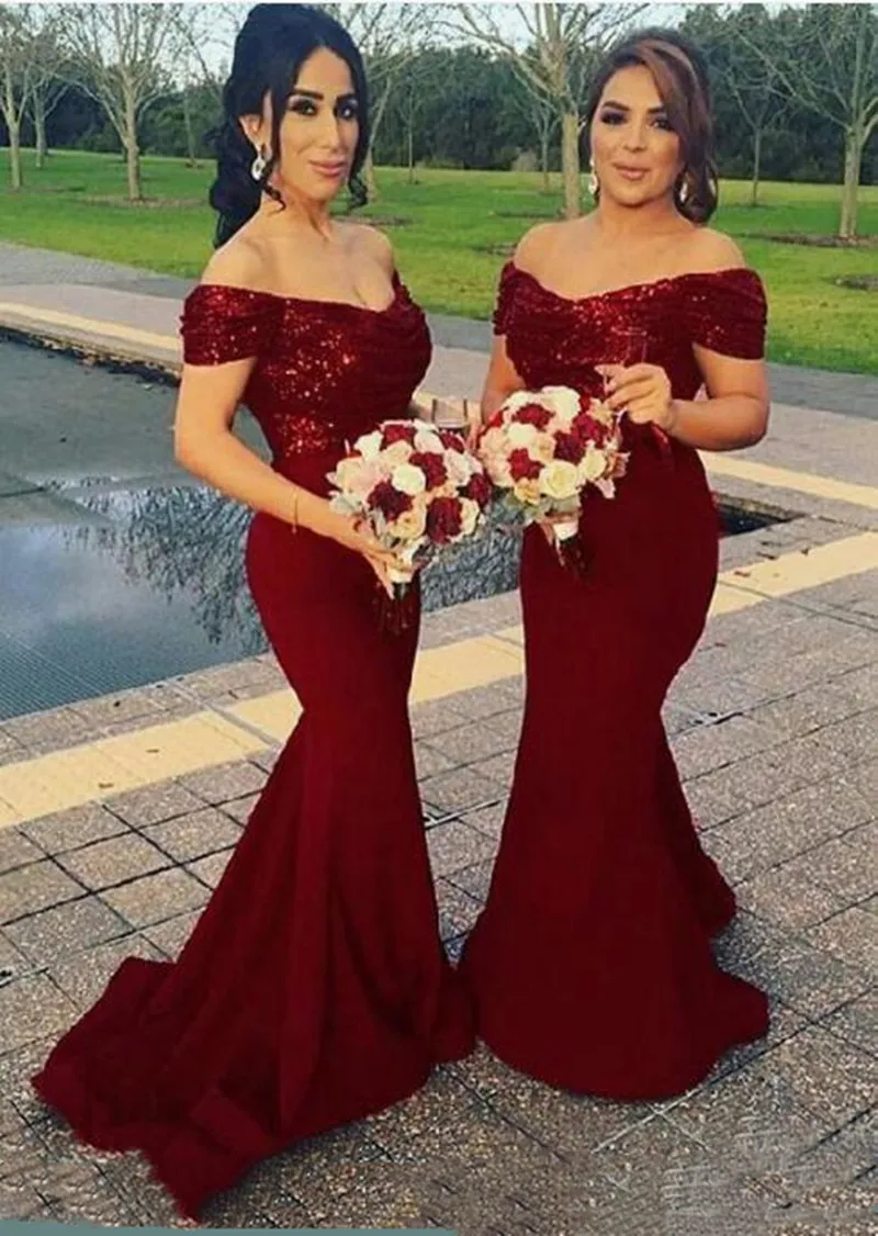 Burgundia Bridemaid Dress Cekiny Koronki Mermaid Off Ramię Gościnne Suknie Gościnne Długie Vestidos De Dama De Honor Prom Party Suknia