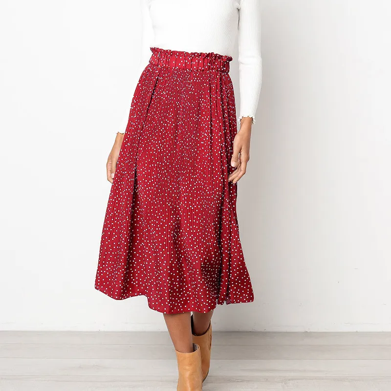 White Dots Floral Print Pleated Midi Skirt Women Elastic High Waist Side Pockets Skirts Summer Elegant Female Bottom 210419