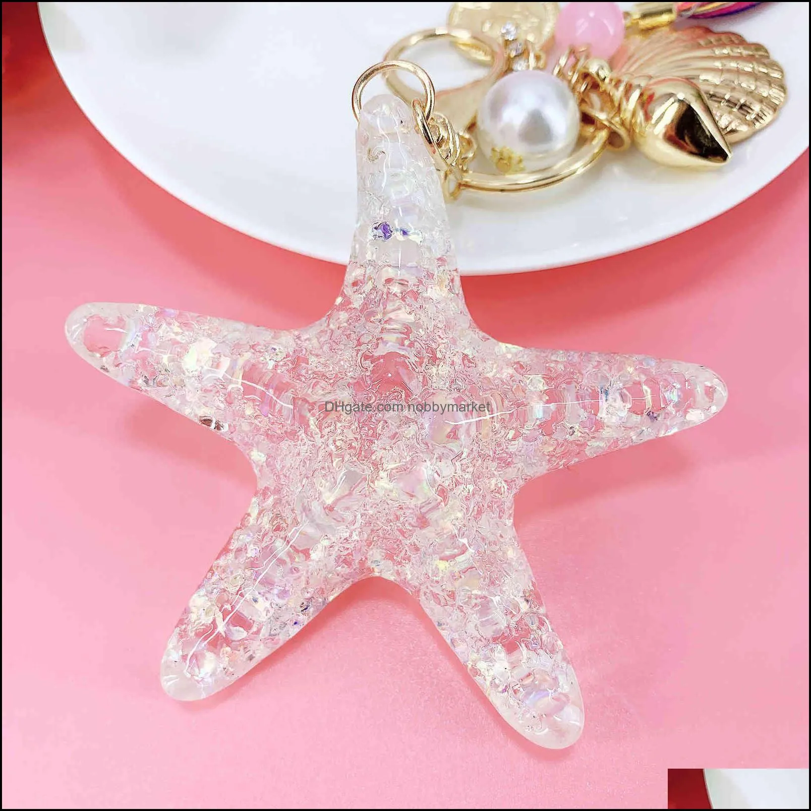 New Fantasy Cartoon Sea World Pearl Shell Starfish Keychain Pentagram Crystal Key chain Ladies Bag Car Key Alloy Pendant Jewelry Y0306