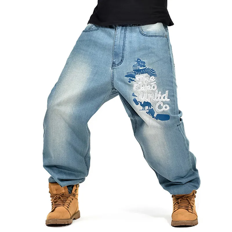 New Tide Heren Jeans Hiphop Hip-Hop Jeans Mode Persoonlijkheid Borduurwerk Losse Plus Size Denim Broek Herenkleding Broek Bottoms Light Blue