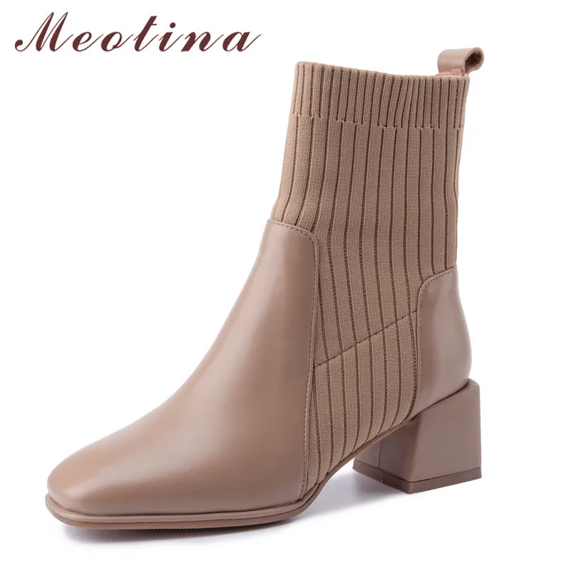 Meotina cuir véritable talon haut bottines femmes chaussures bout carré talon épais sans lacet bottes courtes femme automne hiver abricot 210520