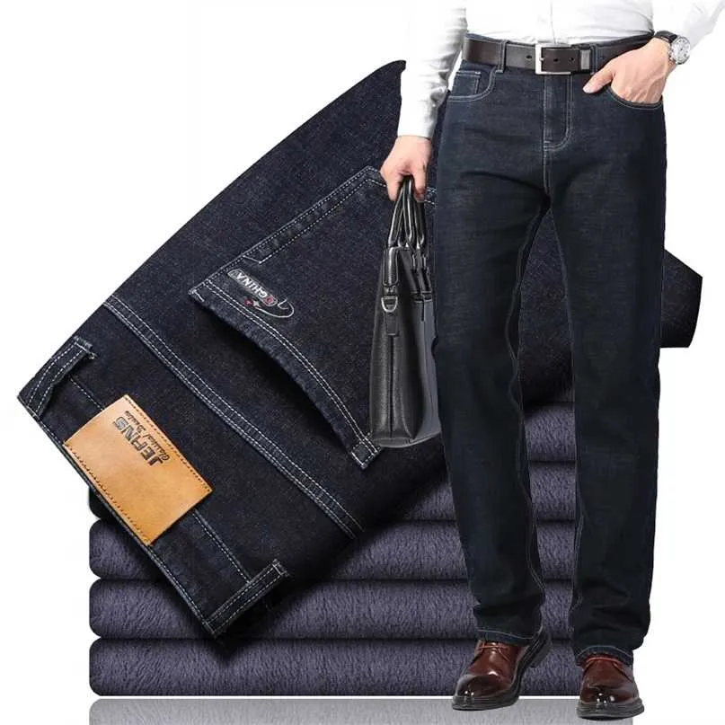 Zimowe męskie Ciepłe dżinsy Classic Style Zagęścić Denim Elastyczne Slim Fit Black Jean Spodnie Mężczyzna Marka Casual Business Blue 211108