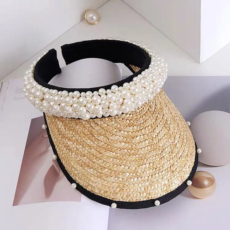 Szeroki Brim Kapelusze Letnie Pearl Ribbon Handmade Słomy Pusty Top Hat Casual Lady Visor Cap Baseball Jeździec Koreański Moda Czapka Enfant