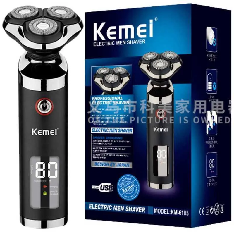 Original Kemei våt torr Vattentät LCD-skärm Elektrisk rakapparat Beard Electric Razor för män Facial Shaving Machine Uppladdningsbar P0817