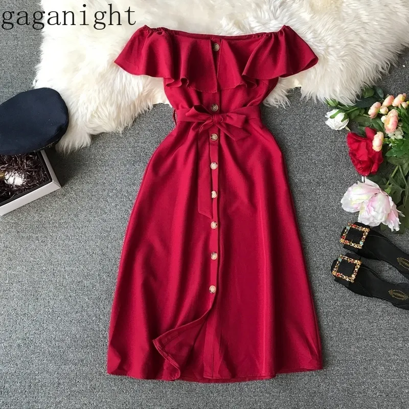 Gaganight Eleganckie kobiety Solidna Dress Patry Off Ramię Single Slash Neck Slim Summer Sukienki Koreański Chic Długie Vestidos 210519