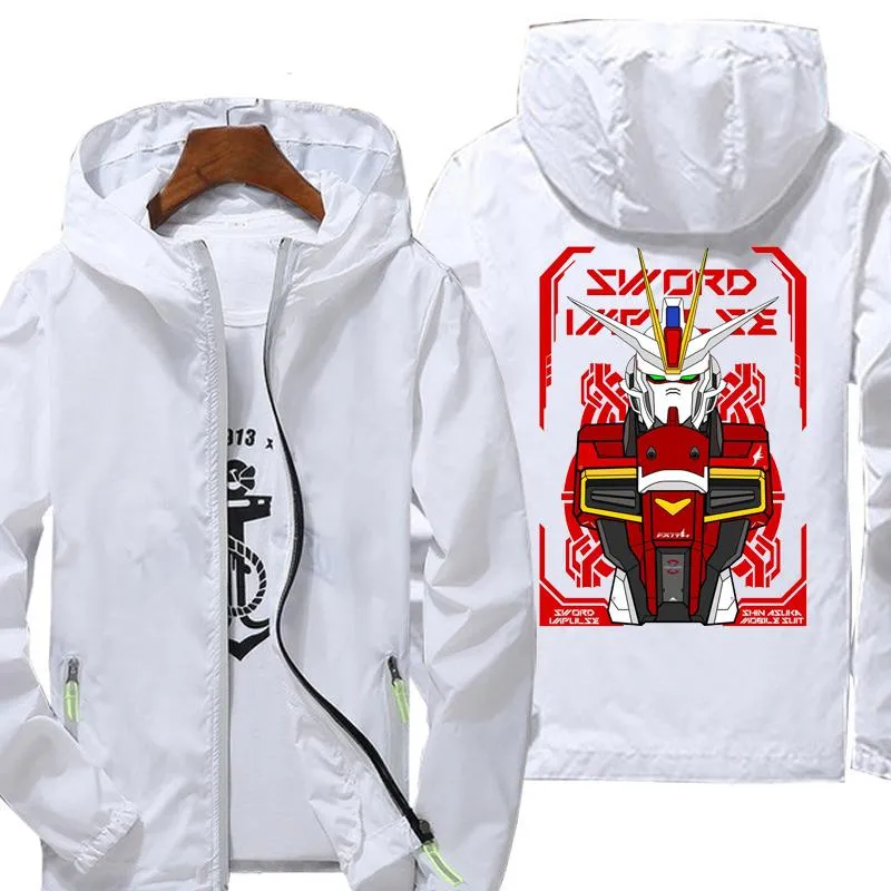 Giacche da uomo Anime Gundam Stampa Giacca casual Giacca a vento con cerniera riflettente Impermeabile Uomo Street Cappotti sottili con cappuccio