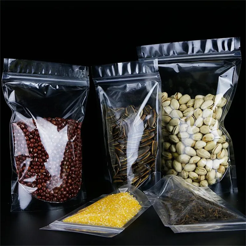 100PCS LOT STAND UPP BAG TRANSPARENT PLASTIC ZIPPER Väskor Luktsäker förpackning Återanvändbar matlagringspåsar för kaffe te
