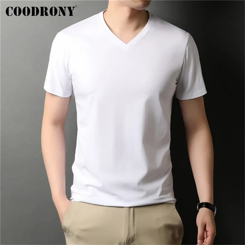 Marca COODRONY, camiseta de algodón fresca de verano de alta calidad, camiseta de manga corta con cuello en V informal de Color puro clásico, ropa para hombres C5201S 220309