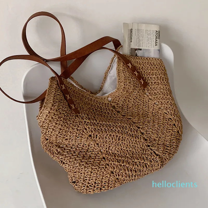 HBP handvävda kvinnor axel handväska Bohemian 2021 sommar halm strand tote bag rese shopper vävning shoppingkassar