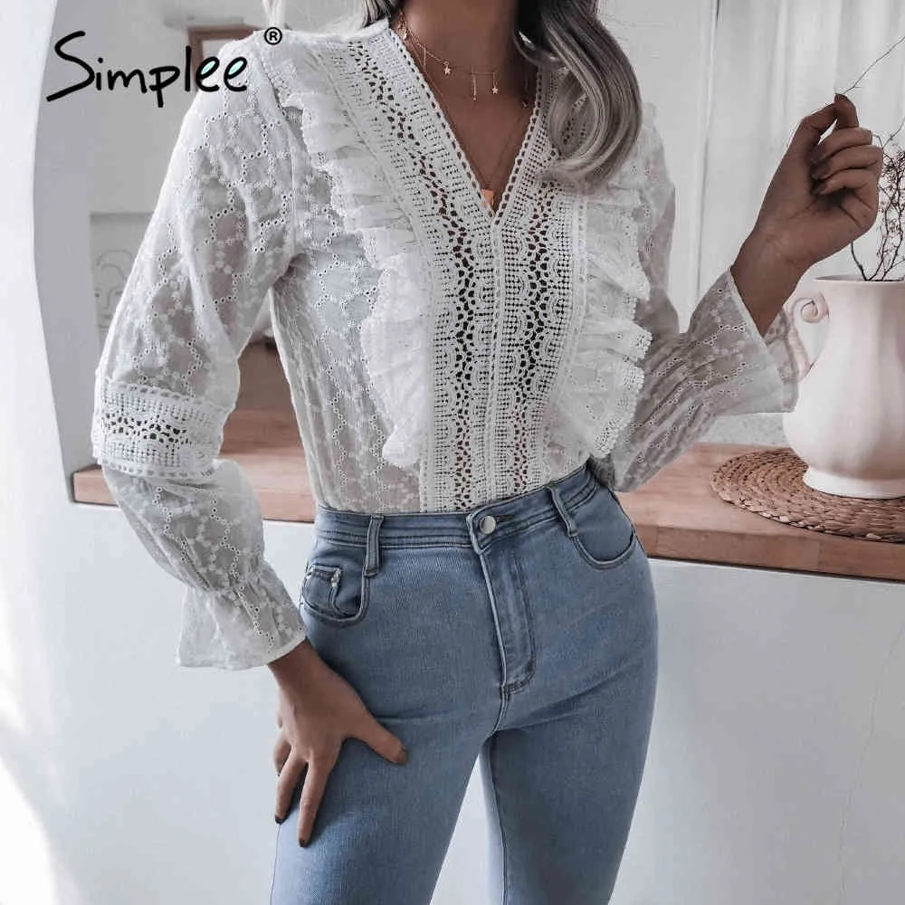 Casual white V-neck Spring autumn long-sleeved ruffled elegant women's shirt tops Fashion lace blouse 210414