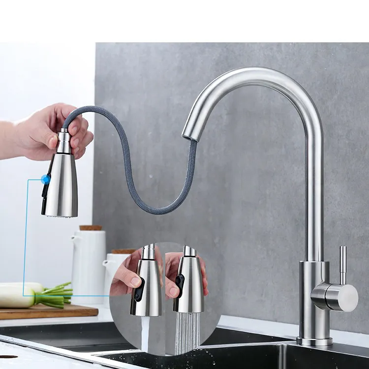 Keukenkraan Geborsteld goud en multicolor Trek Water Mixer Tap Single Handle Rotatie Douchekranen