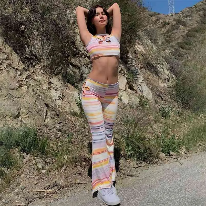 Tie Dye Tryckt Cut Out Sommarväxt Tank Top och High Waist Byxor Stripe Två Piece Set Kvinnor Tracksuit Fashion Female Outfit 210510