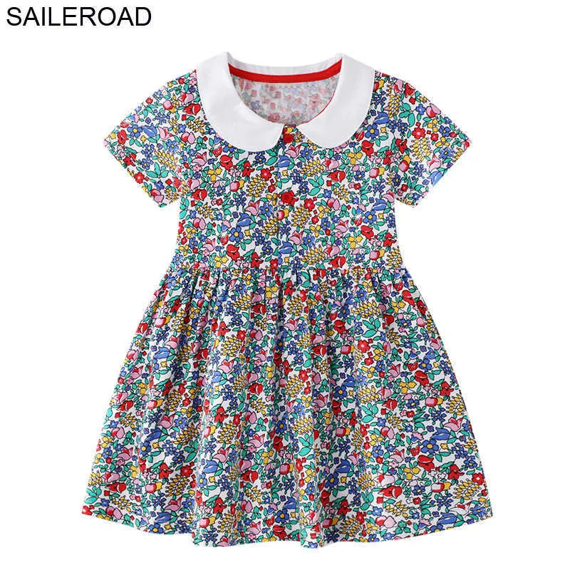 SAILEROAD Baby Girl Fancy Dress for Summer New Children's Girl's Tops Floral Print Beautiful Princess Kids Collar Dress Q0716