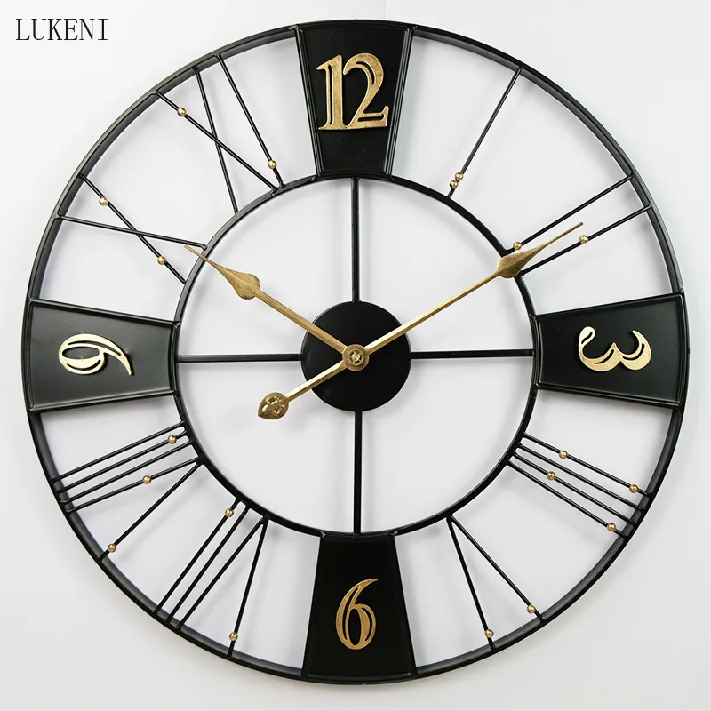 European Retro 60cm Digital Wall Restaurant Bar Decoration Gold Black Silver Creative Home Clock Watch 210414