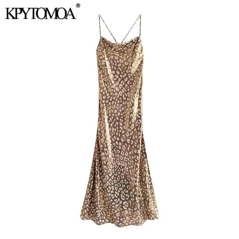 Femmes Chic mode imprimé léopard doux au toucher Midi robe caraco Vintage dos nu fines bretelles femmes robes Mujer 210416