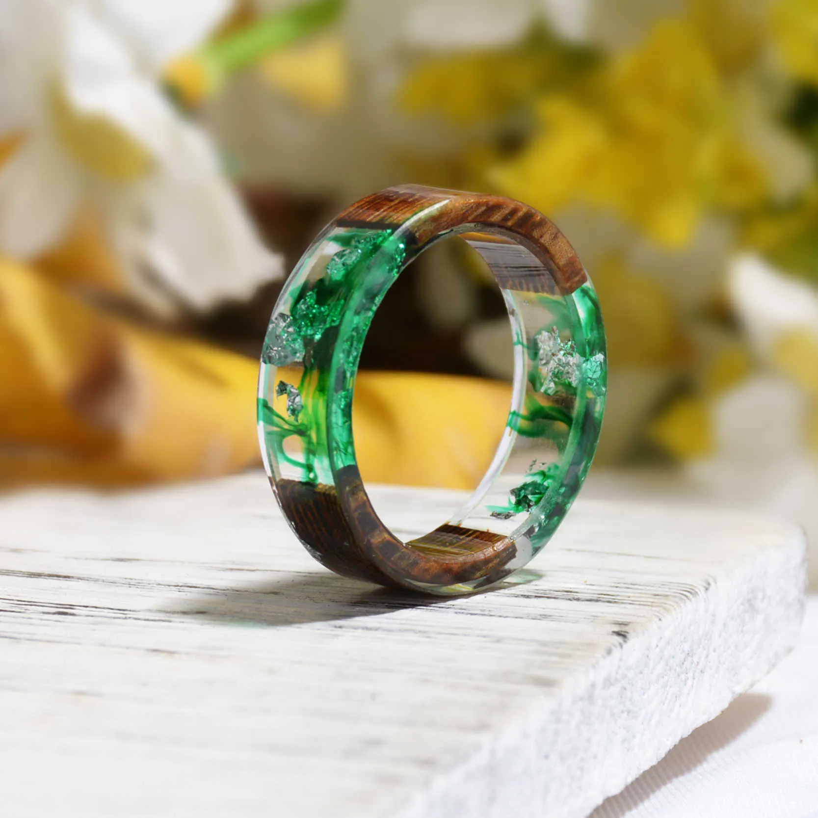 Handmade Transparent Epoxy Wood Resin Ring 3 With Dried Flower