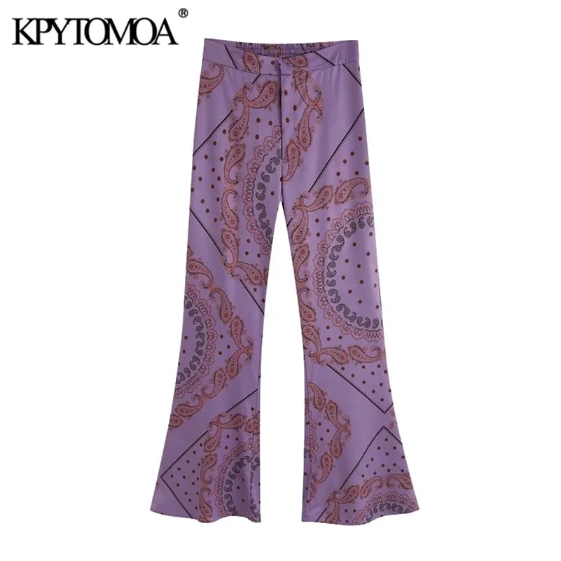 Women Chic Fashion Printed Flared Pants Vintage Back Elastic Pockets Zipper Fly Female Ankle Trousers Mujer 210416