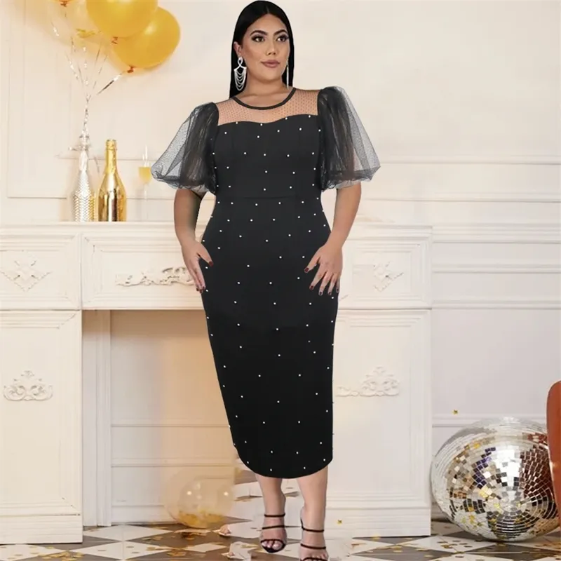 O Neck Plus Size 4XL Sukienki Kobiety Sexy See Przez krótki Latarnia Rękaw Dot Frezowanie Czarne Przyjęcie Urodzinowe Szaty Lato 210527