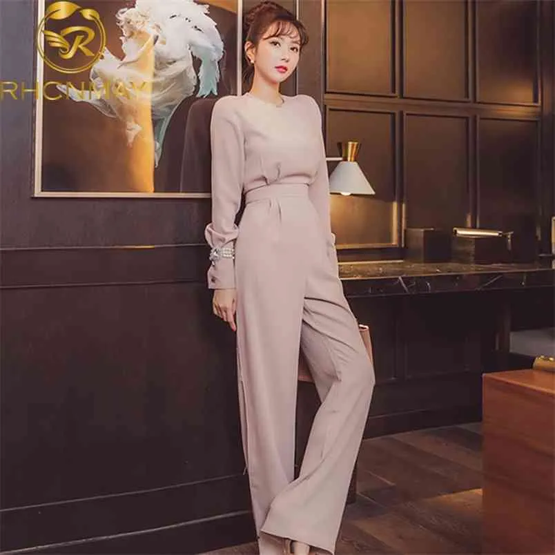 Spring coreano edição feminina temperamento fino moda brilho strass colarinho mangas compridas de alta cintura jumpsuits 210506