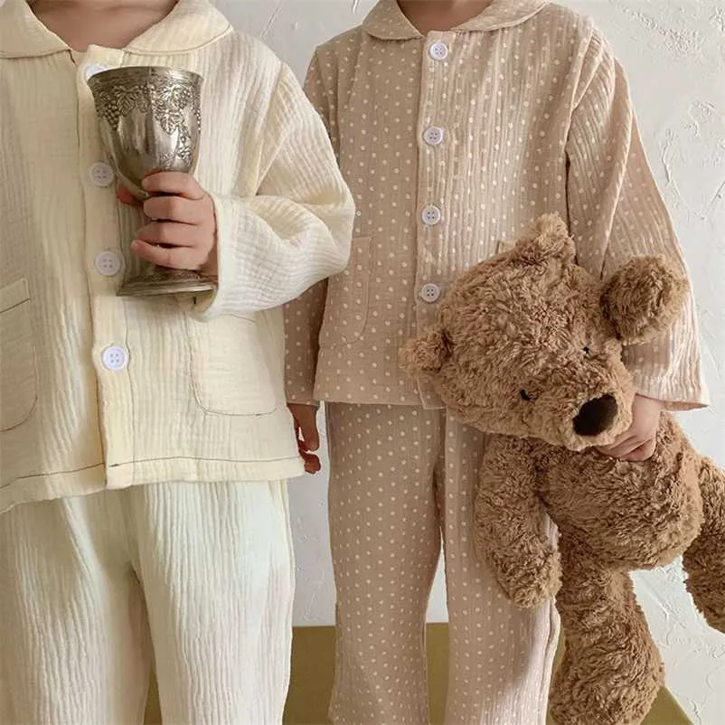 Höst Kids Pyjamas Dot Girls Sleepwear Casual Nightclothes för bröder och systrar Linne 211130