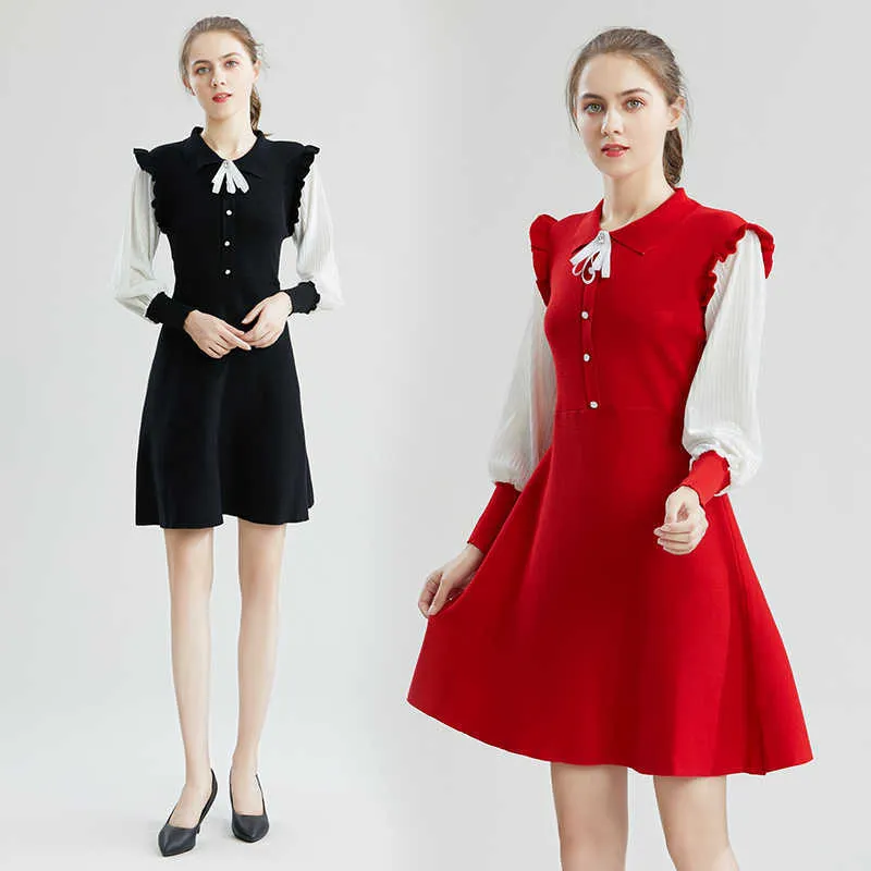 Spring Women Bow Tie Now-down Collar Sweater Klänningar Fransk Vintage Sweet Lantern Sleeve Splice Stickad Vestidos 210529