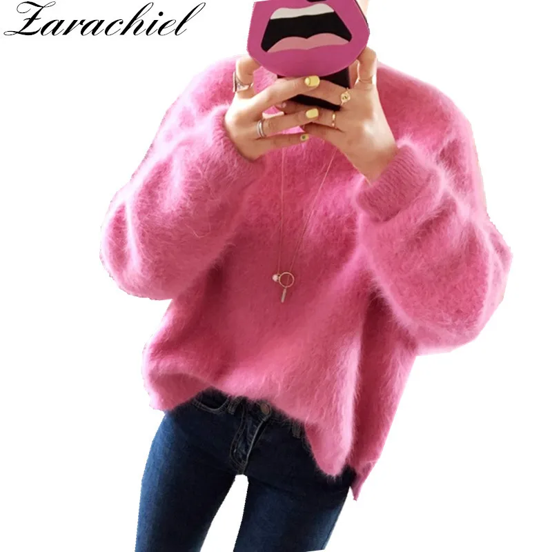 Koreanska kvinnor solid faux mink cashmere plysch höst vinter pullover stickad lös sida split tröja jumper topp 210416