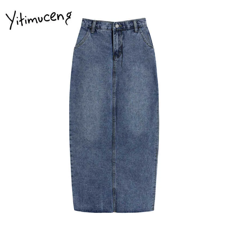 Yitimuceng Slit Leg Skirts Womens Denim Mid-Calf Skirt French Elegant Skinny Clothing Fashion High Waist Spring Summer Casual 210601