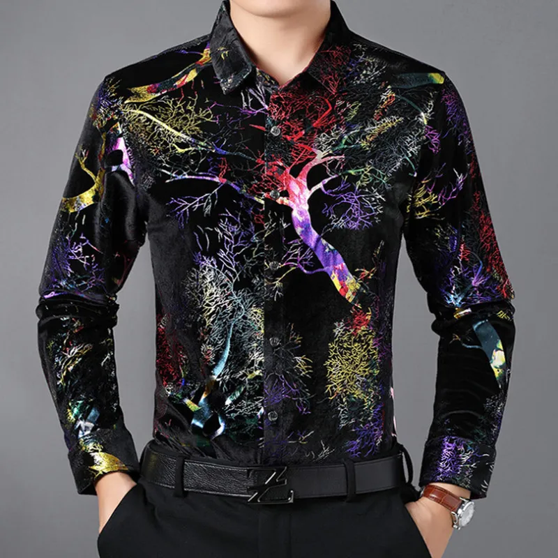 Novo Luxo Gold Velvet Men's Camisas Casuais Print Manga Longa Camisa Homens Brilhantes Smoking Camisas Camisa Masculina