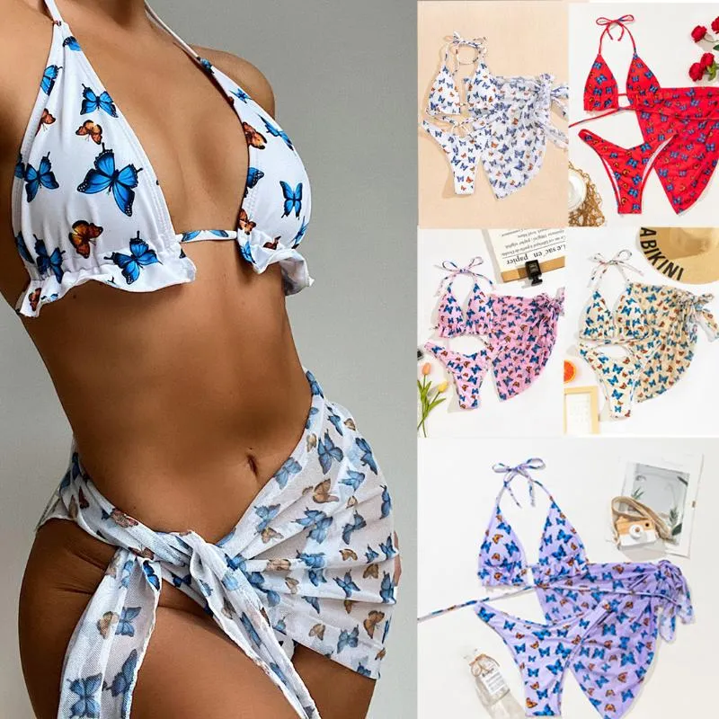 Women's Swimwear 2021 Ladies Butterfly Printed Split Gauze Skirt Gathers Three Piece Swimsuit Bikini