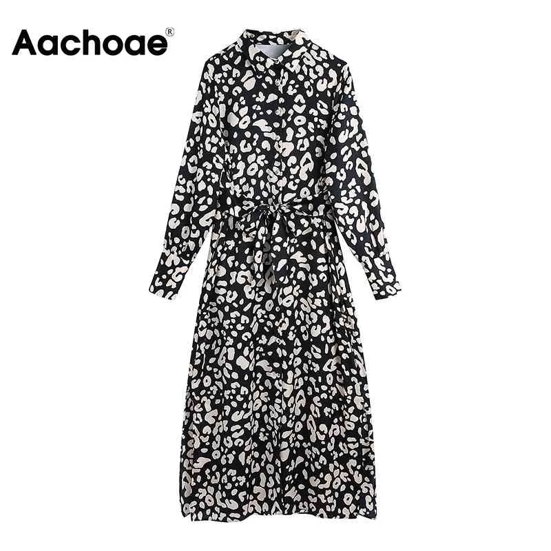 Dierlijke Print Midi Side Split Leopard Shirt Lange Mouw Kantoor Sjerpen Jurk Herfst Spring Vestidos 210413