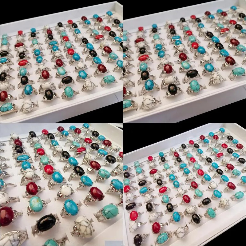 50pcs/lot New Oval Natural Turquoise Rings For Women Men Fine Jewelry For Anniversary Party Gift Vintage Antique Silver Ring