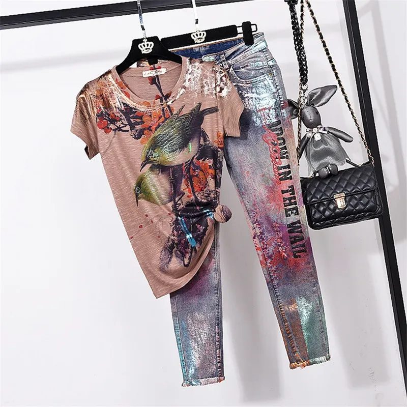 New Autumn Winter tracksuits Summer Vintage Print Tshirt Pencil Denim Pants 2 Piece Set Women Loose Short sleeve T shirt Jeans Suit Female Fashion Streetwear