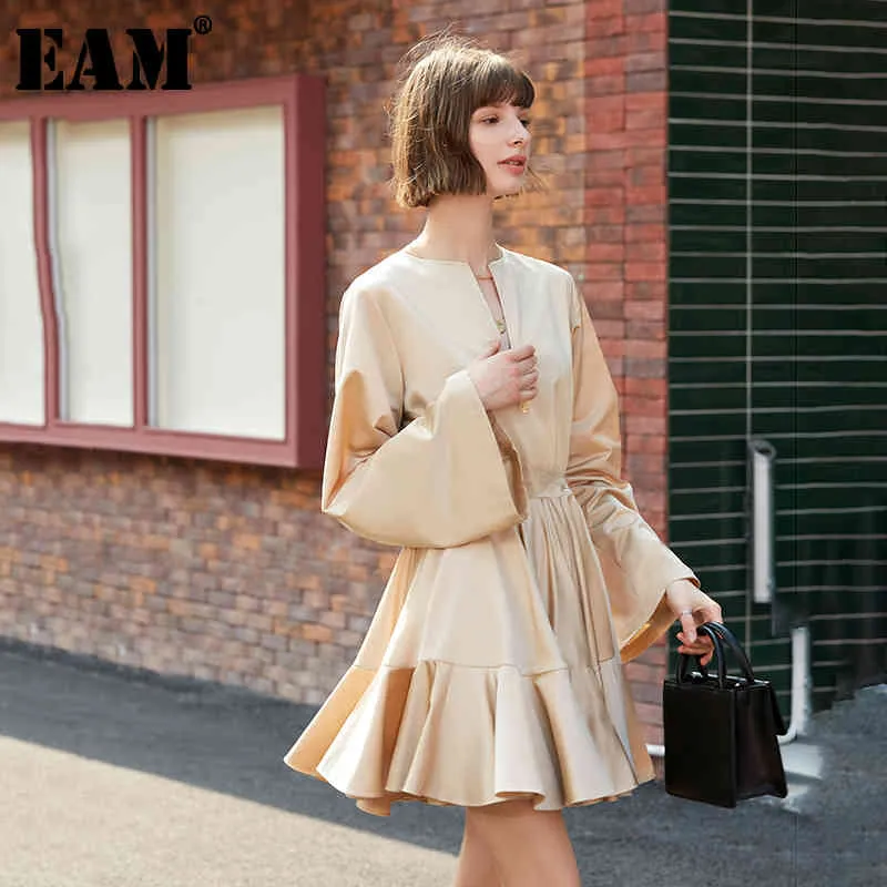 [EAM] Women Pleated Split Joint Elegant Cake Dress Round Neck Long Sleeve Loose Fit Fashion Spring Autumn 1D135 21512